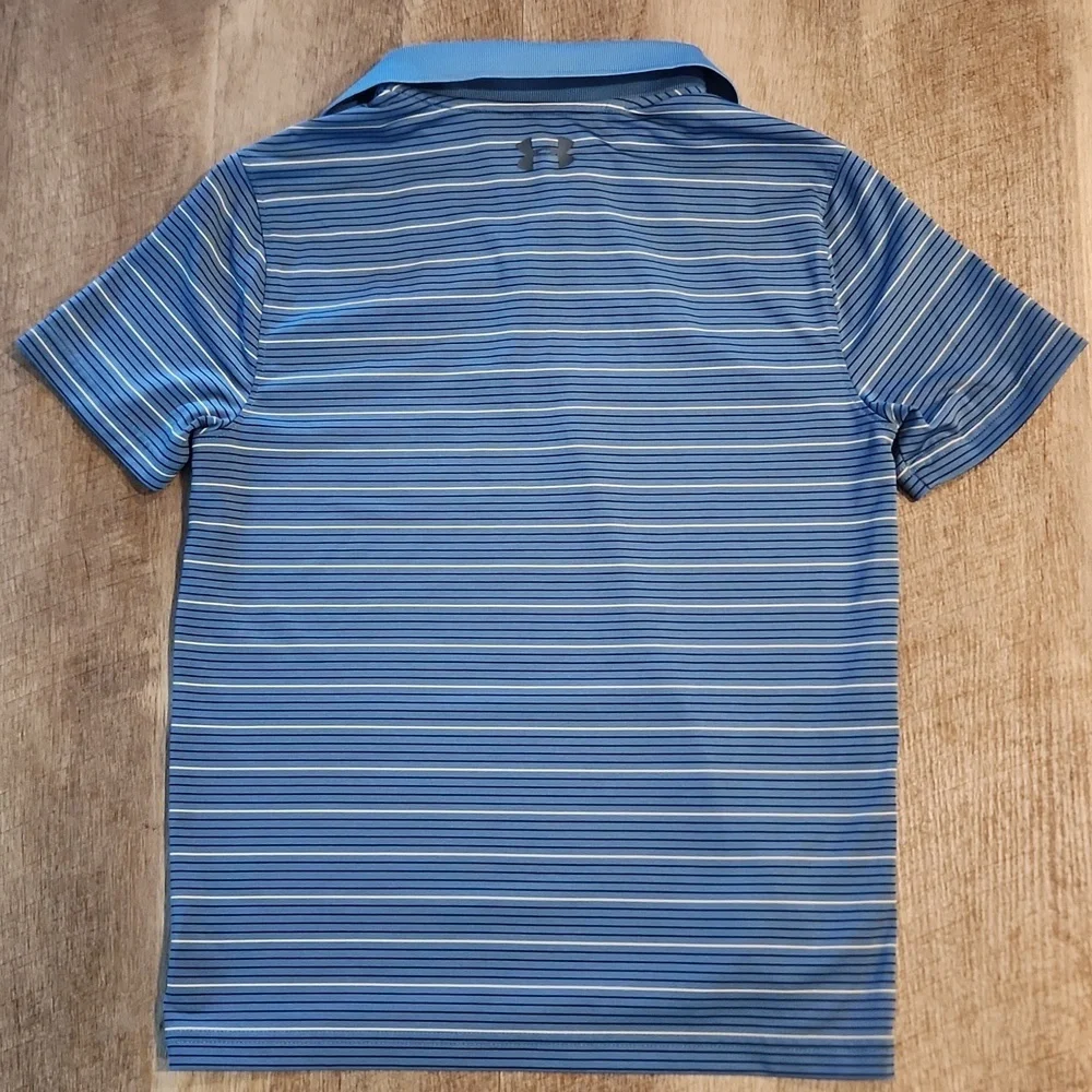 Under Armour Kids Blue Striped Polo Shirt. Performance/Heatgear. Size M - Picture 4 of 4